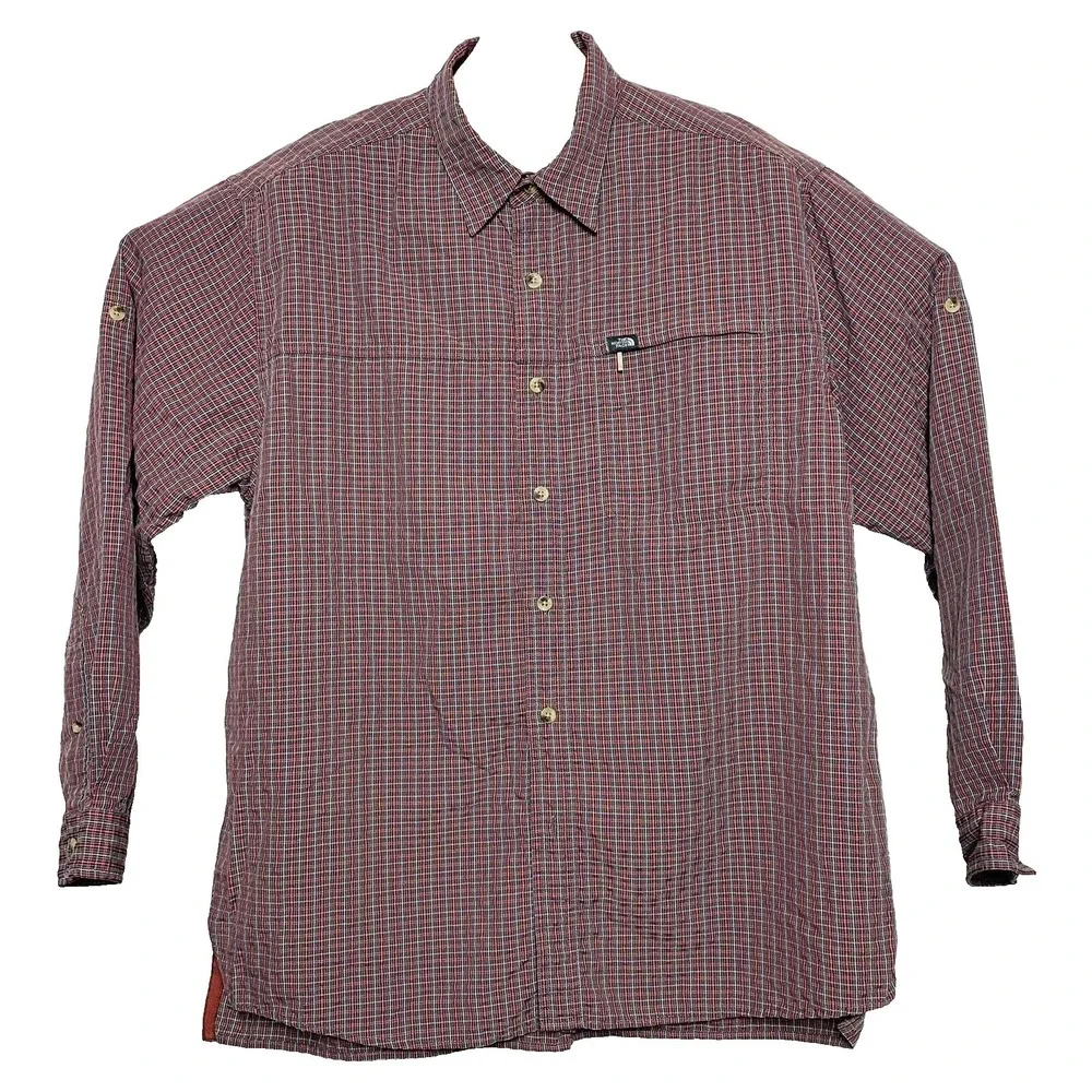 The North Face TNF Red Grey & White Plaid‎ L/S Modal Poly Btn Down Size Large L